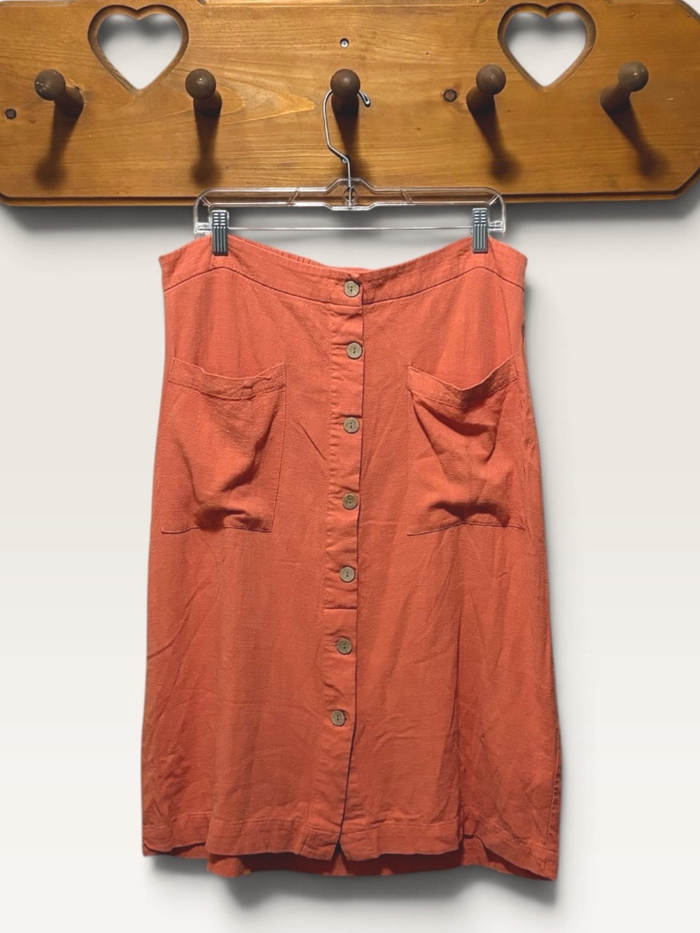 Madison Grey XL Linen Blend Button Front Midi Skirt Rust Orange Pockets